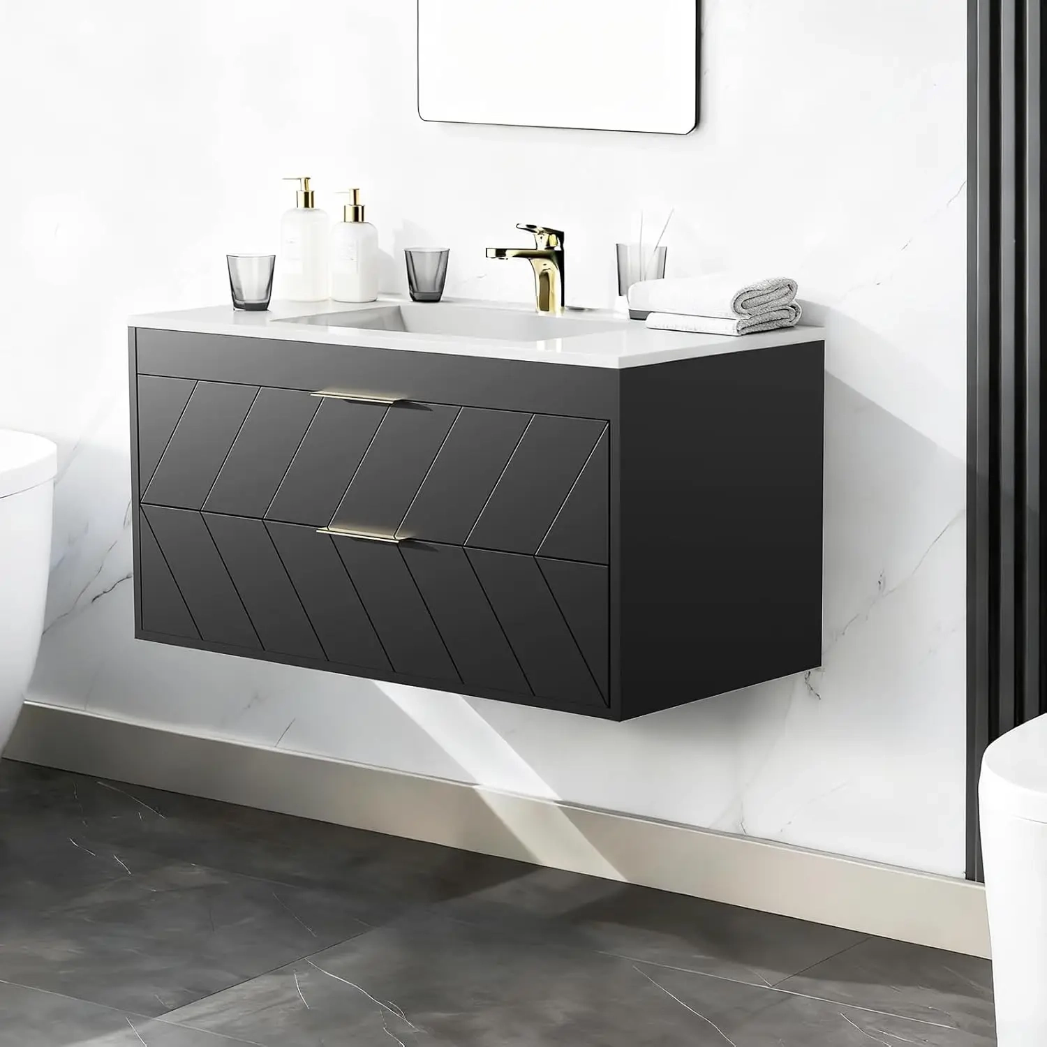 24-Inch Floating Bathroom Vanity with Resin Sink and 2 Drawers - Image 3