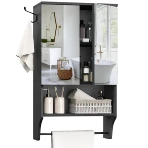 Wall Mounted Bathroom Mirror Cabinet with Adjustable Shelf, Open Cubby, and Towel Bar