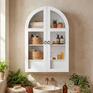 White Wall Mounted Storage Cabinet with Tempered Glass Door and Adjustable Shelves